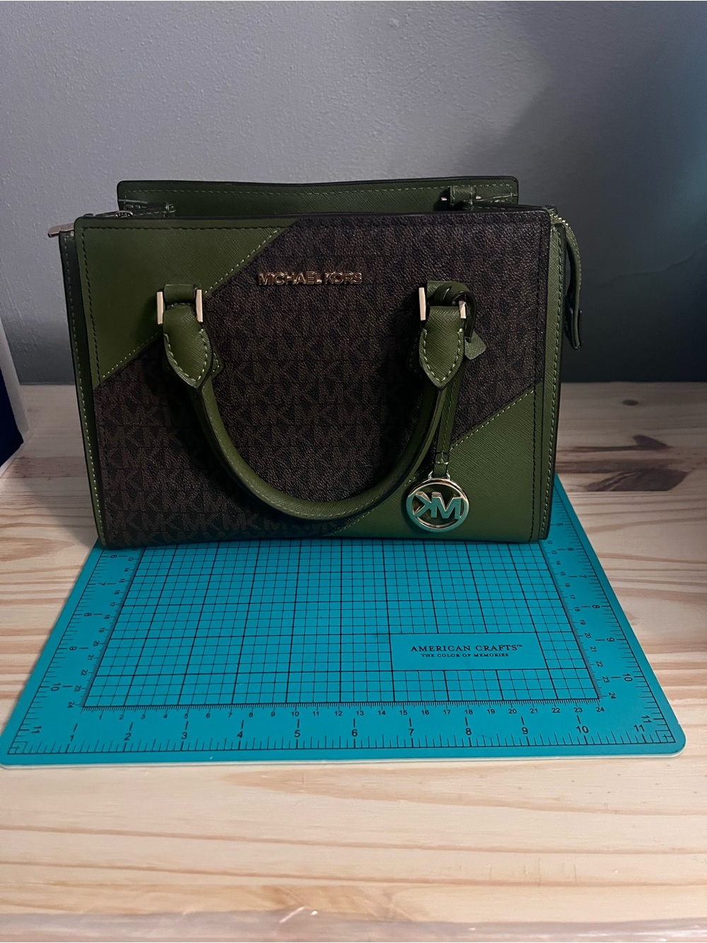 Michael Kors Brown MK Logo Satchel with Green Trim
